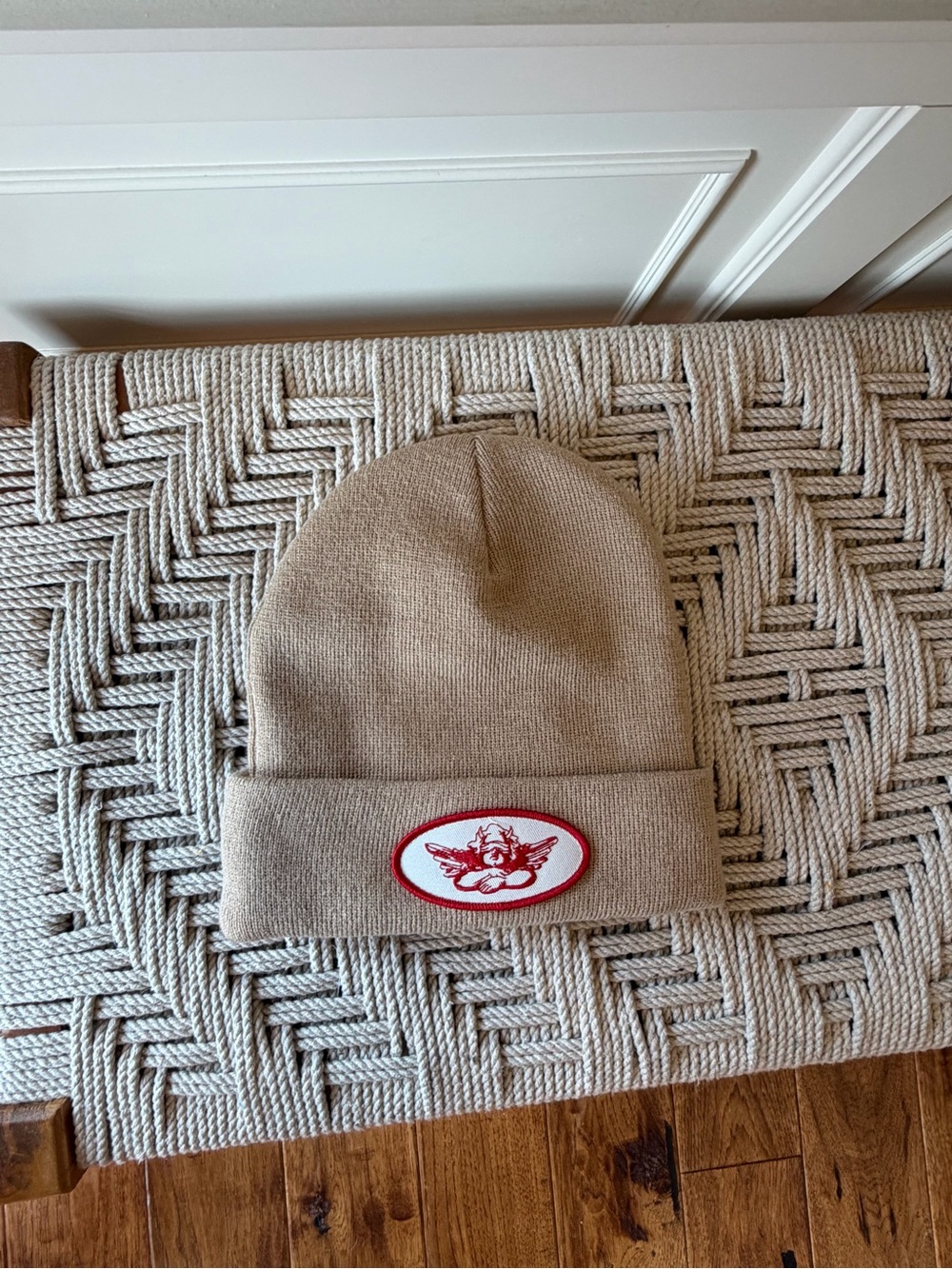 Boys Lie Tan Beanie with Red Patch